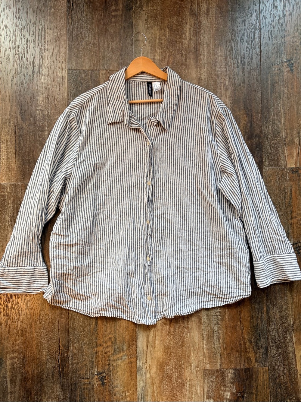 H&M XL Blue White Striped Collared Cotton LinenWoven Long Sleeve Button-Up Shirt